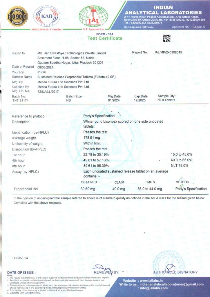 Propranolol SR 40 Mg | Tablet