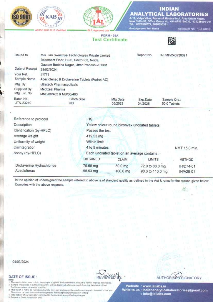 Drotaverine 80 Mg + Aceclofenac 100 Mg | Tablet