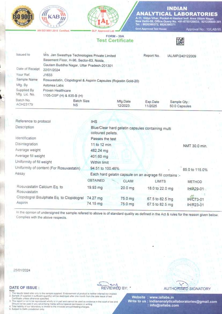 Rosuvastatin 20mg + Aspirin 75mg + Clopidogrel 75mg | Capsule