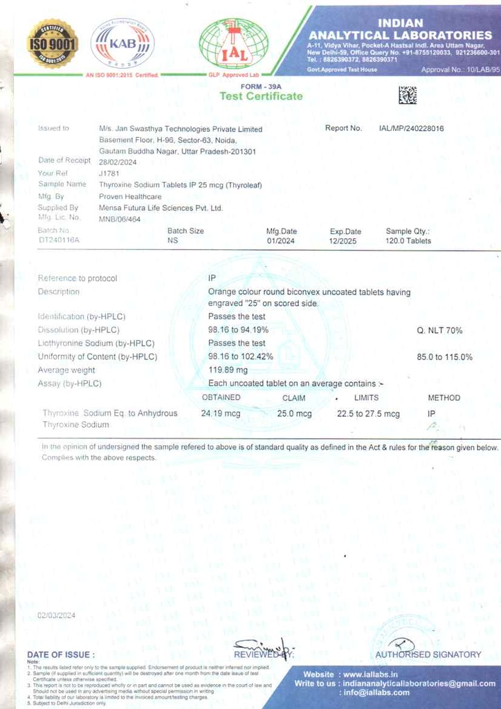 Thyroxine Sodium IP 25mcg | Tablets 