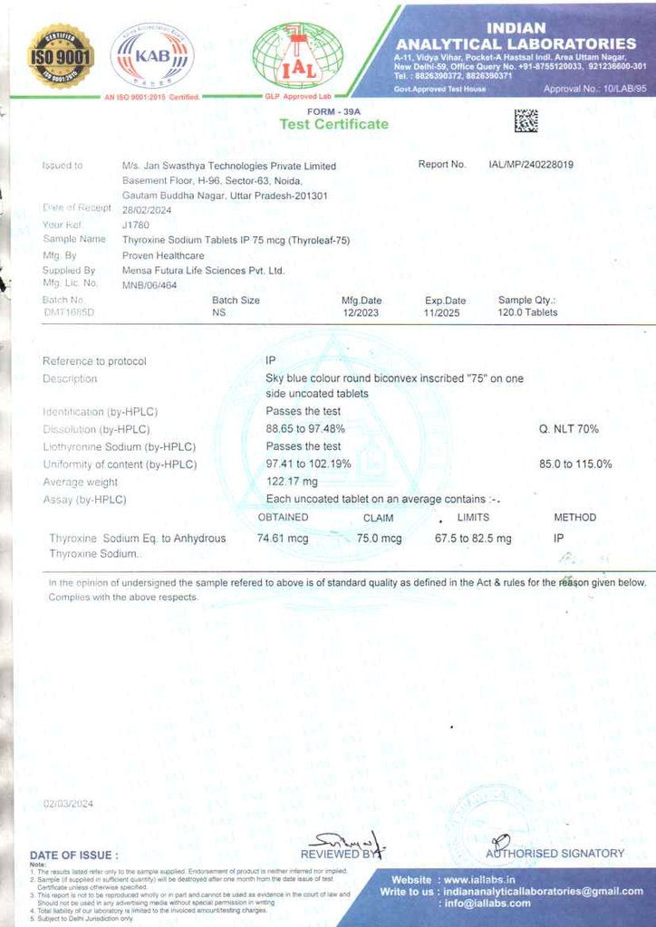 Thyroxine Sodium IP 75 mcg | Tablet