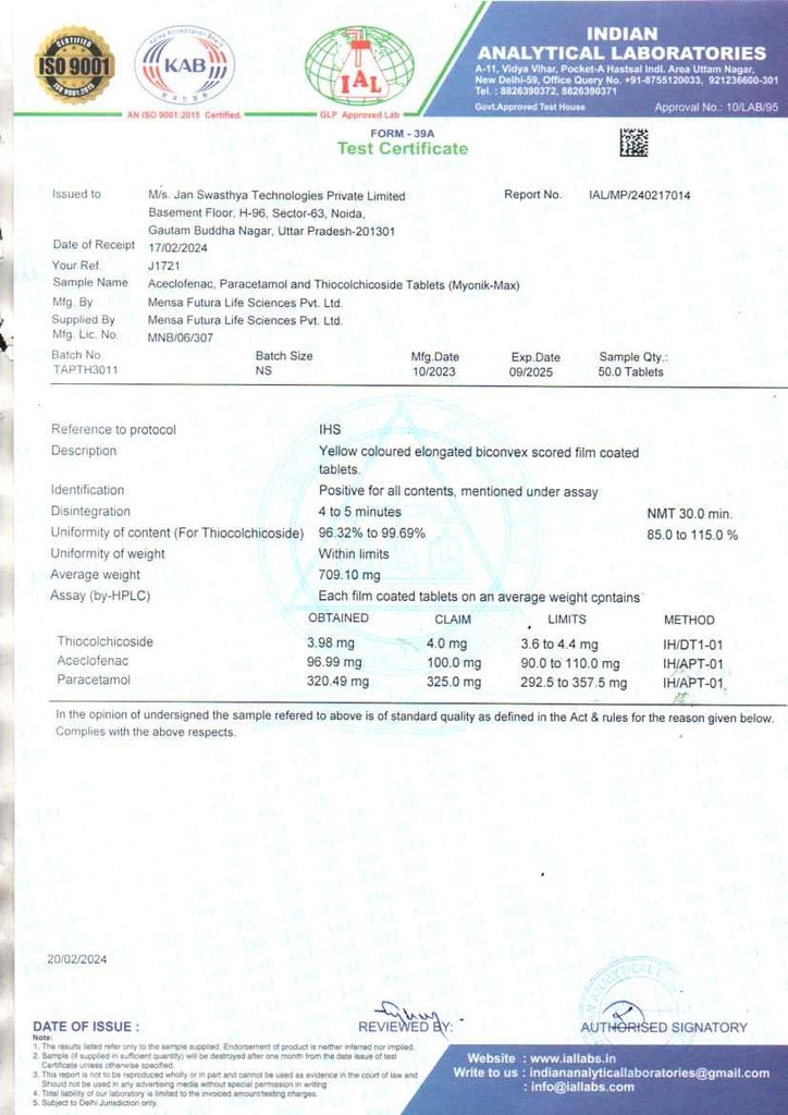 Aceclofenac 100mg + Paracetamol 325mg + Thiocolchicoside 4mg