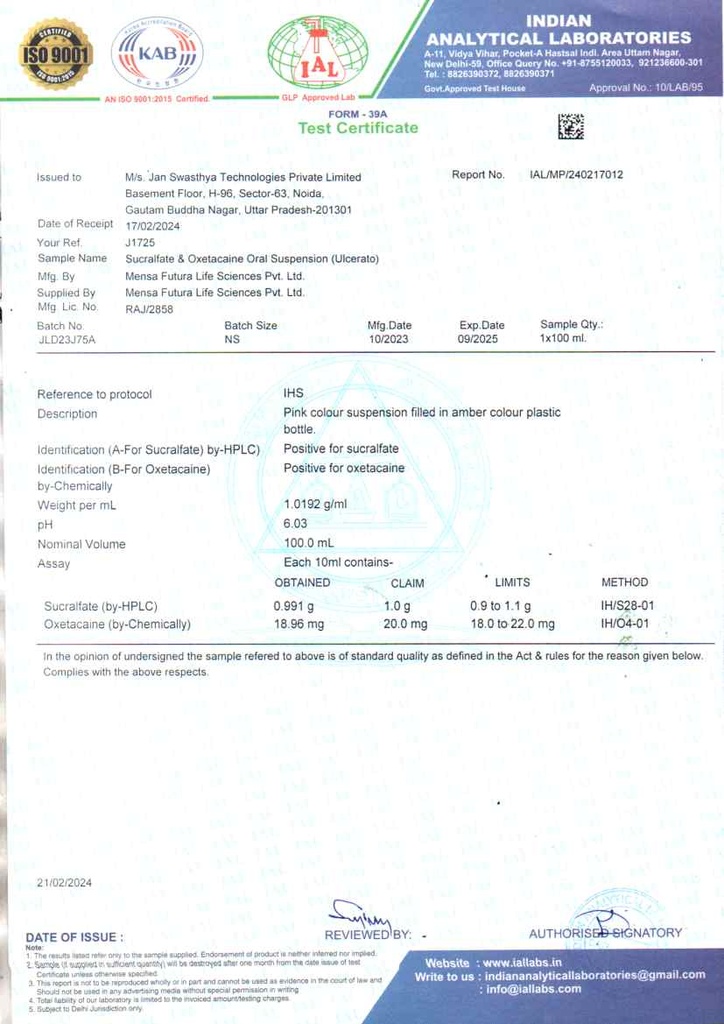 Sucralfate 1000 Mg + Oxetacaine 10 Mg / 10 Ml