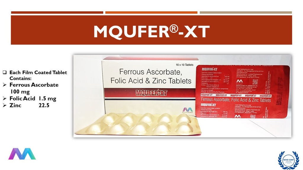 Ferrous Ascorbate 100mg + Folic Acid 1.5mg + Zinc Sulphate 22.5mg | Tablet