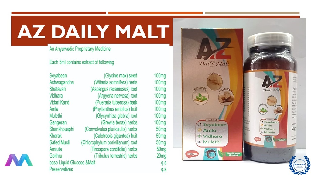 Soyabean 100mg + Ashwagandha 100mg + Shatavari 100mg + Vidhara 100mg + Vidari Kand 100mg + amla100mg + Mulethi 100mg + Gangeran 100mg + Shankhpusphi 50mg + Kharak 50mg + Safed Musli 50mg + Amruta 50mg + Gokhru 20 mg | Malt