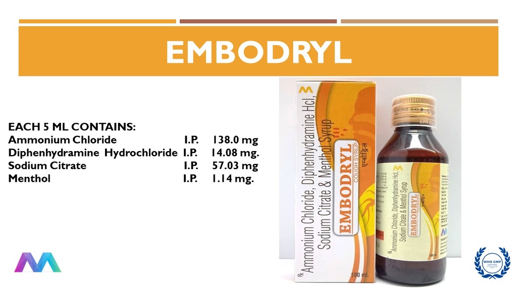 Diphenhydramine (14.08mg/5ml) + Ammonium Chloride (138mg/5ml) + Sodium Citrate (57.03mg/5ml) | Syrup