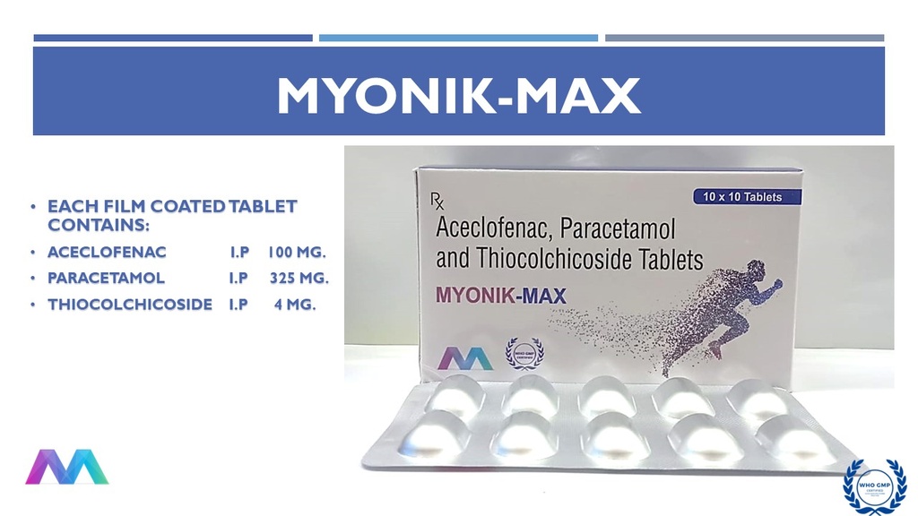 Aceclofenac 100mg + Paracetamol 325mg + Thiocolchicoside 4mg