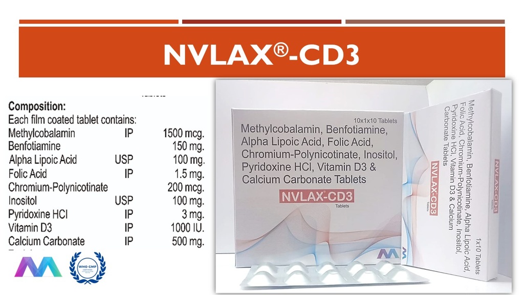 Alpha Lipoic Acid 100 mg + Benfotiamine 150 mg + Calcium carbonate 500 mg + Chromium Polynicotinate 200 mcg + Folic acid 1.5 mg + Inositol 100 mg + Methylcobalamin 1500 mcg + Pyridoxine 3 mg + Vitamin D3 1000 I.U. | Tablets