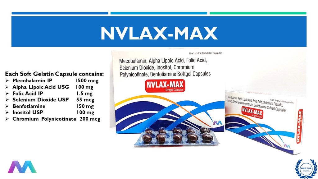 Mecobalamin 1500 mcg, Alpha Lipoic Acid 100 mg, Inositol 100 mg, Folic Acid 1.5 mg, Chromium Picolinate 200 mcg, Selenium Dioxide 55 mcg and Benfotiamine 150 mg | Soft gel Capsule