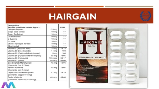 Collagen Peptides 175 mg + Grape Seed Extract 10 mg + Green Tea Extract 10 mg + DL-Methionine 40mg + L Cysteine 10mg + L-Lysine 10 mg + Choline Hydrogen Tartrate 10 mg + Myo-Inositol 10mg + Vit C 15 mg + Vit B3 (Nicotinamide) 14 mg + Vit B5 (Calcium D Pantothenate) 5 mg + Vit B6 (Pyridoxine) 1.5 mg + Vit B9 (Folic Acid) 175mg + Vit B7 (Biotin) 40 mcg + Zinc 7.5 mg + Ferrous Fumarate 7.5 mg + Cupric Sulphate Pentahydrate 1.7 mg + Sodium Selenite 40 mcg | Tablet