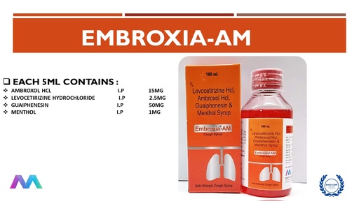 Ambroxol HCl 15mg + Levocetirizine Hydrochloride 2.5mg + Guaiphenesin 50mg Syrup