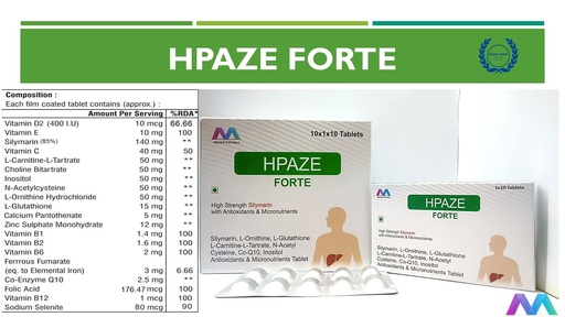 Silymarin 140 mg, L-Ornithine HCl 50 mg, L-Glutathione 15 mg, L-Carnitine-L-Tartrate 50mg, N-Acetyl Cysteine 50mg, Co-Q10 2.5 mg, Inositol 50 mg, Antioxidants & Micronutrients Tablet