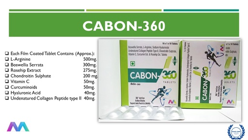 L-Arginine 500 mg, Boswellia Serrata 300 mg, Rosehip Extract 275 mg, Chondroitin Sulphate 200 mg, Vitamin C 50 mg, Curcumin Extract 50 mg, Sodium Hyaluronate 40 mg, Collagen Peptide Type ll 40 mg