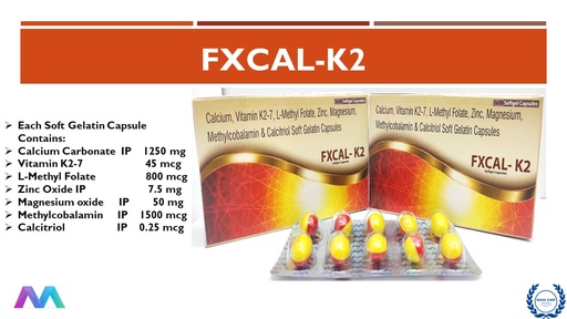 Calcitriol 0.25mcg, Calcium Carbonate 1250mg, Vitamin K27 45mcg, Methylcobalamin 1500mcg, Zinc 7.5mg, Magnesium 50mg and L- Methylfolate 800mcg