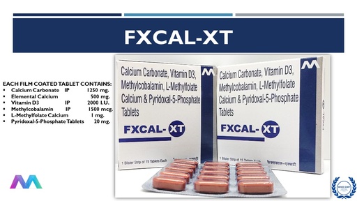 Calcium (Calcium Carbonate) 1250mg, Vitamin D3 2000 IU, Mecobalamin (Vitamin B12) 1500mcg, L-Methylfolate Calcium (Vitamin B9) 1mg, Pyridoxal-5-Phosphate (Vitamin B6) 20mg 