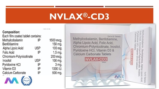 Alpha Lipoic Acid 100 mg + Benfotiamine 150 mg + Calcium carbonate 500 mg + Chromium Polynicotinate 200 mcg + Folic acid 1.5 mg + Inositol 100 mg + Methylcobalamin 1500 mcg + Pyridoxine 3 mg + Vitamin D3 1000 I.U. | Tablets