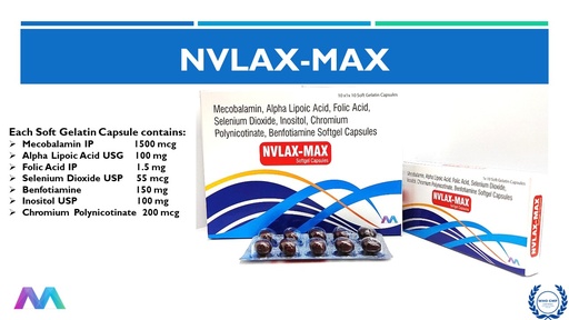 Mecobalamin 1500 mcg, Alpha Lipoic Acid 100 mg, Inositol 100 mg, Folic Acid 1.5 mg, Chromium Picolinate 200 mcg, Selenium Dioxide 55 mcg and Benfotiamine 150 mg | Soft gel Capsule