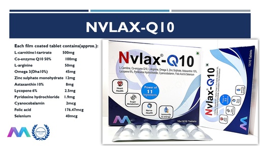 L-carnitine L-tartrate 500 mg+ Co-Enzyme Q10 50% 100mg + L-arginine 50 mg + Omega 3 (DHA10%) 45mg + Zinc Sulphate Monohydrate 12 mg + Astaxanthin 10% 8mg + Lycopene 6% 2.5mg + Pyridoxine Hydrochloride 1.9 mg + Cyanocobalamin 2 mcg + Folic acid 176.47 mcg + Selenium 40mcg